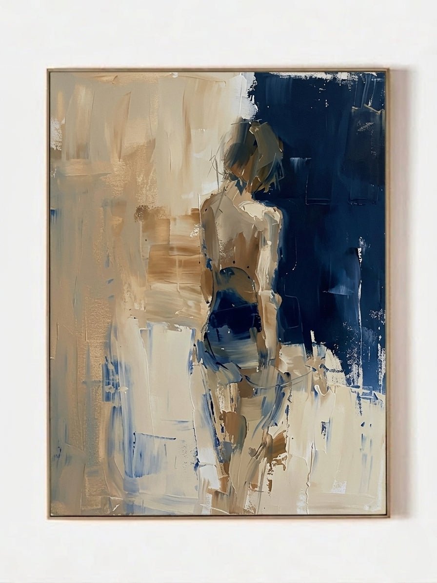 Heavy texture hand-painted abstract female figure painting in navy blue and oatmeal beige by Eleanor Hayes for modern interior wall decor.