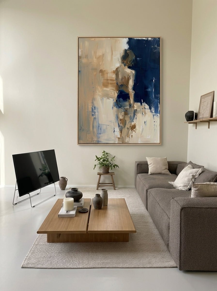 Heavy texture hand-painted abstract female figure painting in navy blue and oatmeal beige by Eleanor Hayes for modern interior wall decor.
