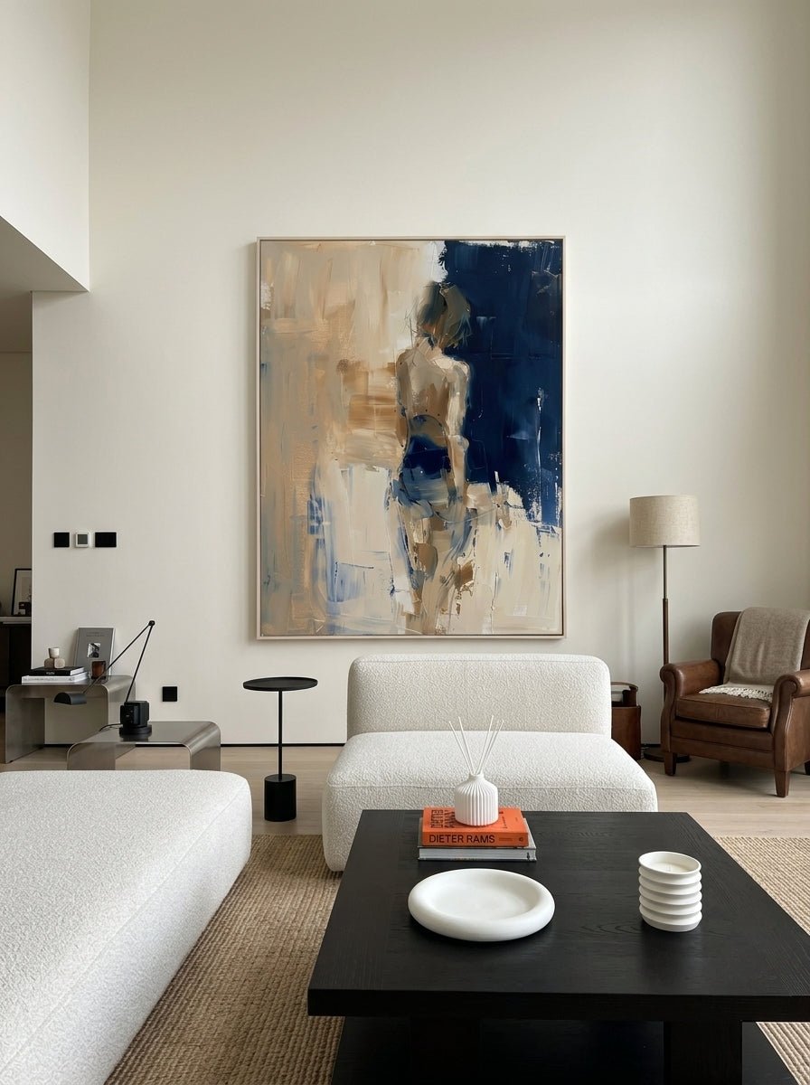 Heavy texture hand-painted abstract female figure painting in navy blue and oatmeal beige by Eleanor Hayes for modern interior wall decor.