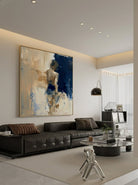 Heavy texture hand-painted abstract female figure painting in navy blue and oatmeal beige by Eleanor Hayes for modern interior wall decor.