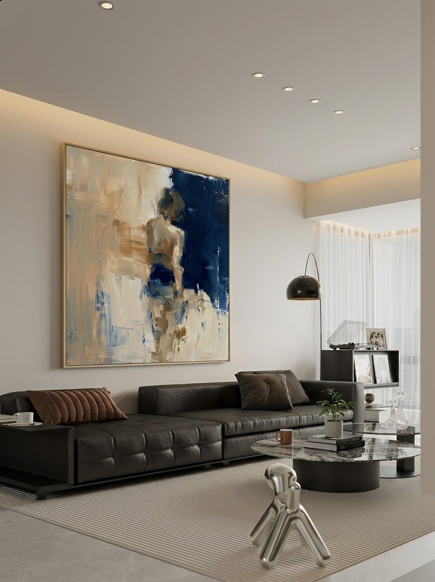 Heavy texture hand-painted abstract female figure painting in navy blue and oatmeal beige by Eleanor Hayes for modern interior wall decor.