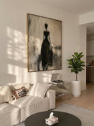 Heavy texture hand-painted abstract canvas painting of a woman in a black dress from behind with rich palette knife texture, modern wall decor by Eleanor Hayes.