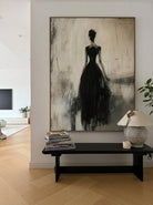 Heavy texture hand-painted abstract canvas painting of a woman in a black dress from behind with rich palette knife texture, modern wall decor by Eleanor Hayes.