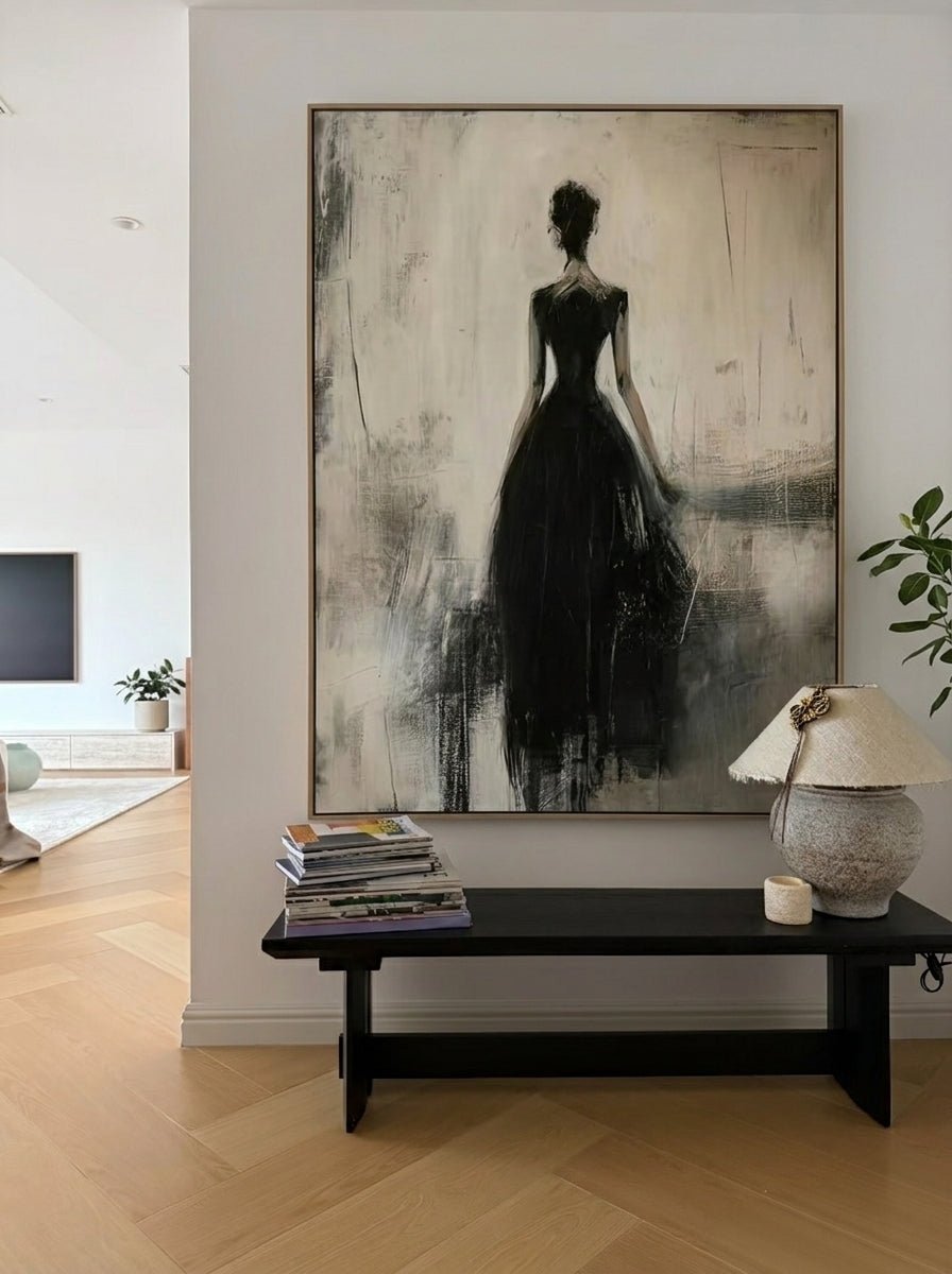 Heavy texture hand-painted abstract canvas painting of a woman in a black dress from behind with rich palette knife texture, modern wall decor by Eleanor Hayes.