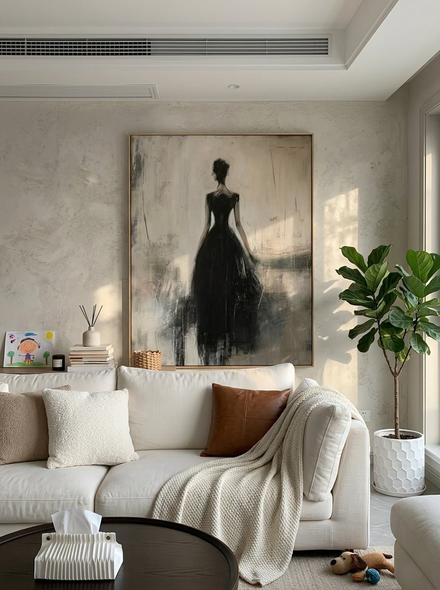 Heavy texture hand-painted abstract canvas painting of a woman in a black dress from behind with rich palette knife texture, modern wall decor by Eleanor Hayes.