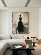 Heavy texture hand-painted abstract canvas painting of a woman in a black dress from behind with rich palette knife texture, modern wall decor by Eleanor Hayes.