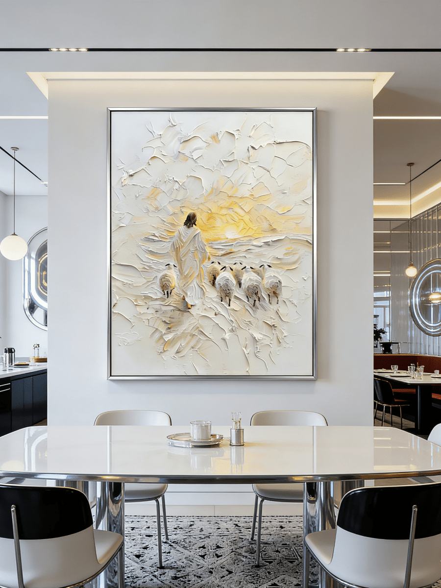 shepherd and flock oil painting – textured impasto in warm cream and gold tones, spiritual art for contemplative interiors