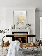 shepherd and flock oil painting – textured impasto in warm cream and gold tones, spiritual art for contemplative interiors