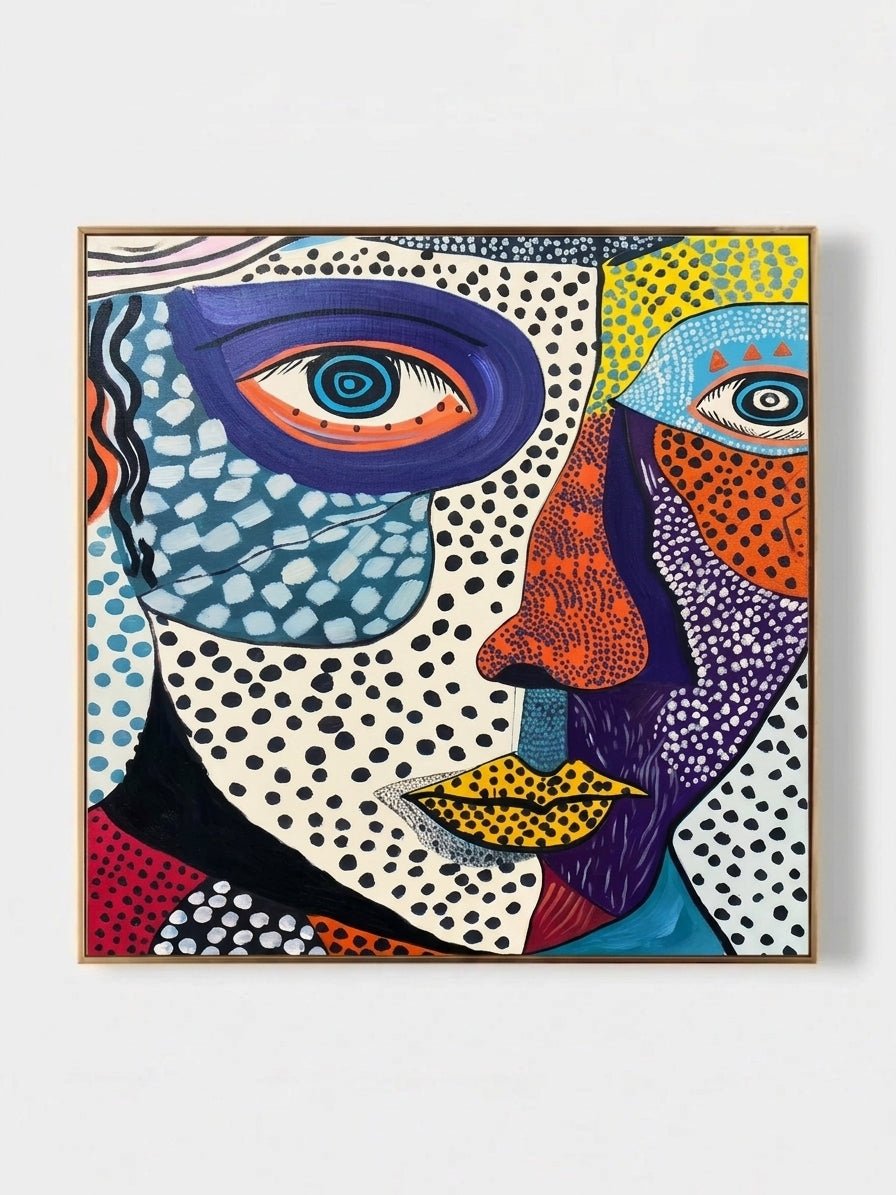 abstract pop expressionist portrait featuring a face with blue eyes, yellow lips, and colorful dot patterns on canvas.