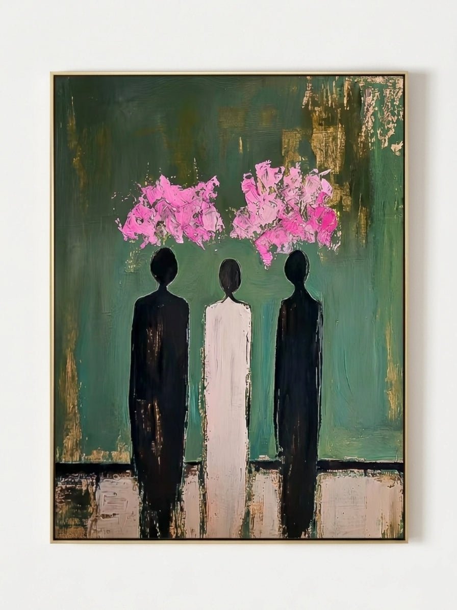 Hand-painted modern abstract figures on emerald green canvas with gold foil and pink impasto blossoms by Eleanor Hayes. Heavy texture 3D wall art for luxury office decor.