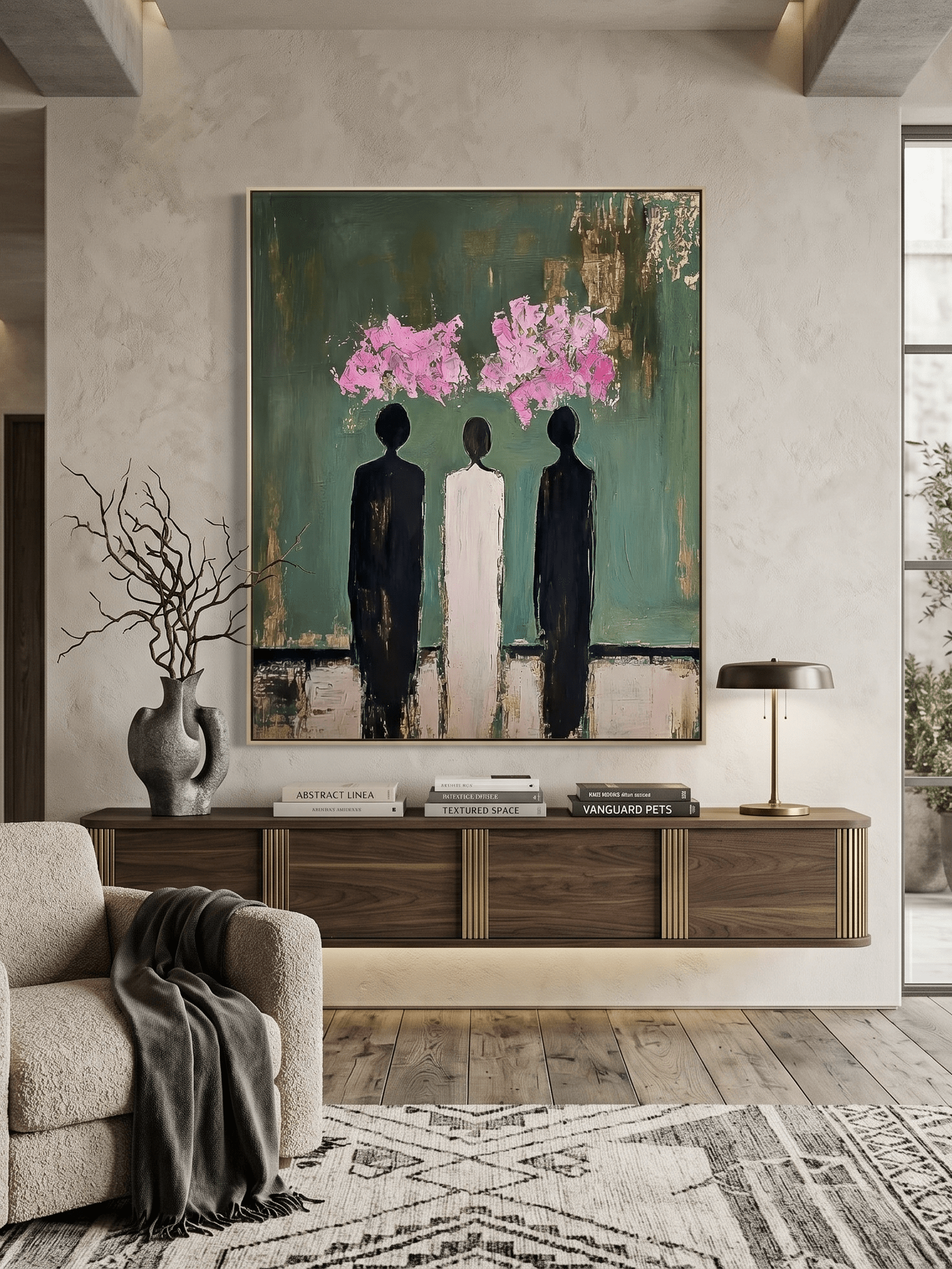 Hand-painted modern abstract figures on emerald green canvas with gold foil and pink impasto blossoms by Eleanor Hayes. Heavy texture 3D wall art for luxury office decor.