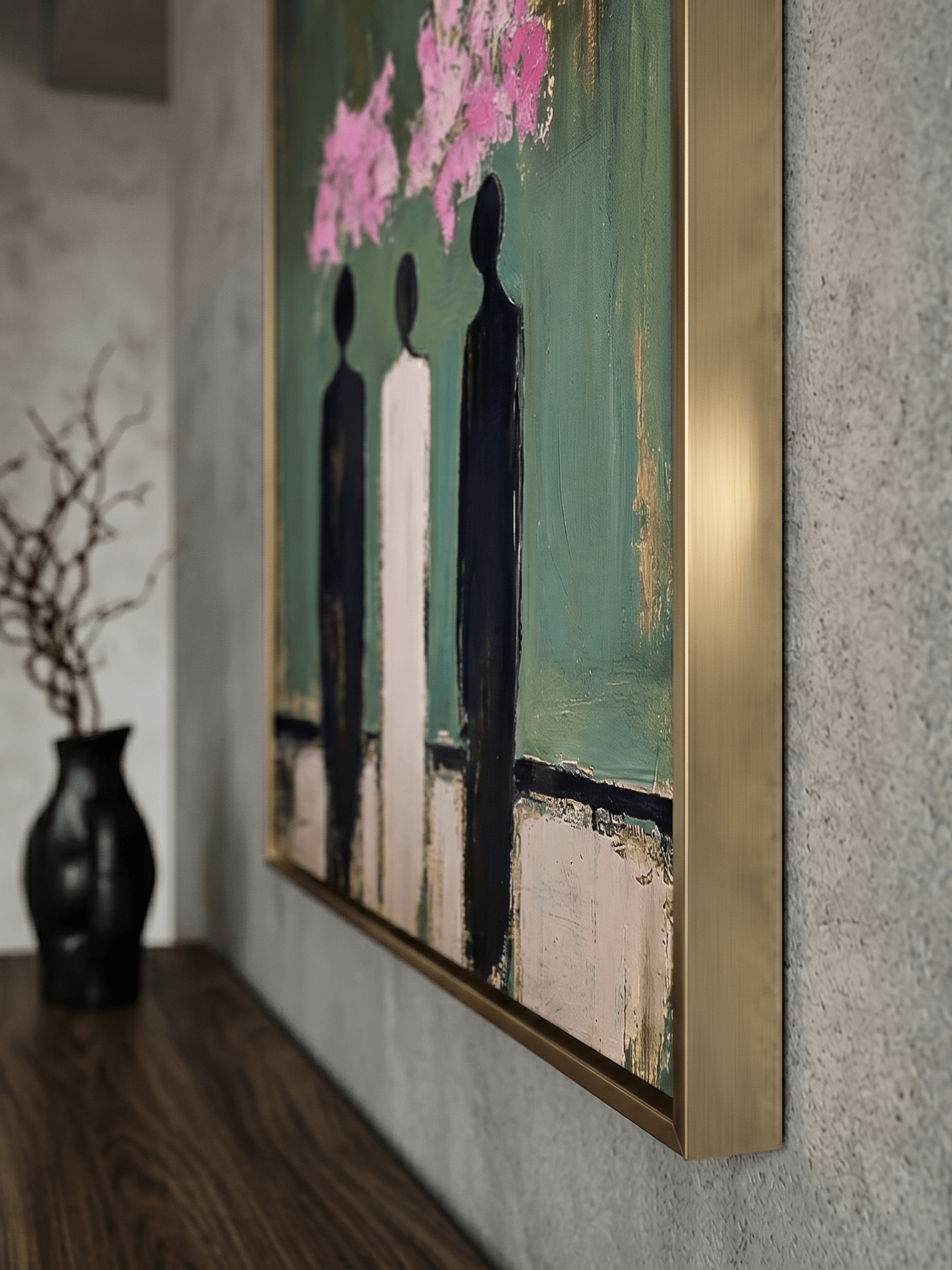 Hand-painted modern abstract figures on emerald green canvas with gold foil and pink impasto blossoms by Eleanor Hayes. Heavy texture 3D wall art for luxury office decor.
