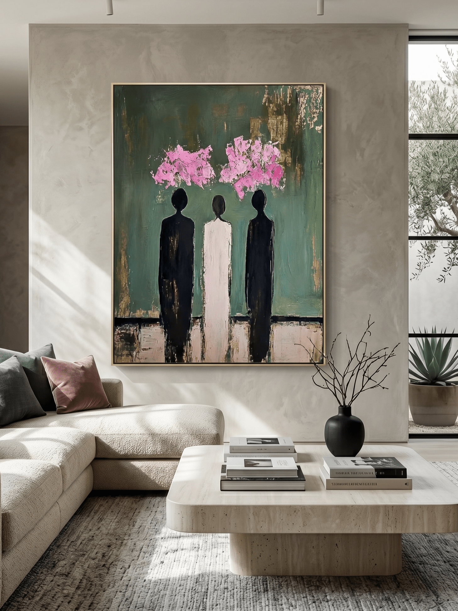 Hand-painted modern abstract figures on emerald green canvas with gold foil and pink impasto blossoms by Eleanor Hayes. Heavy texture 3D wall art for luxury office decor.