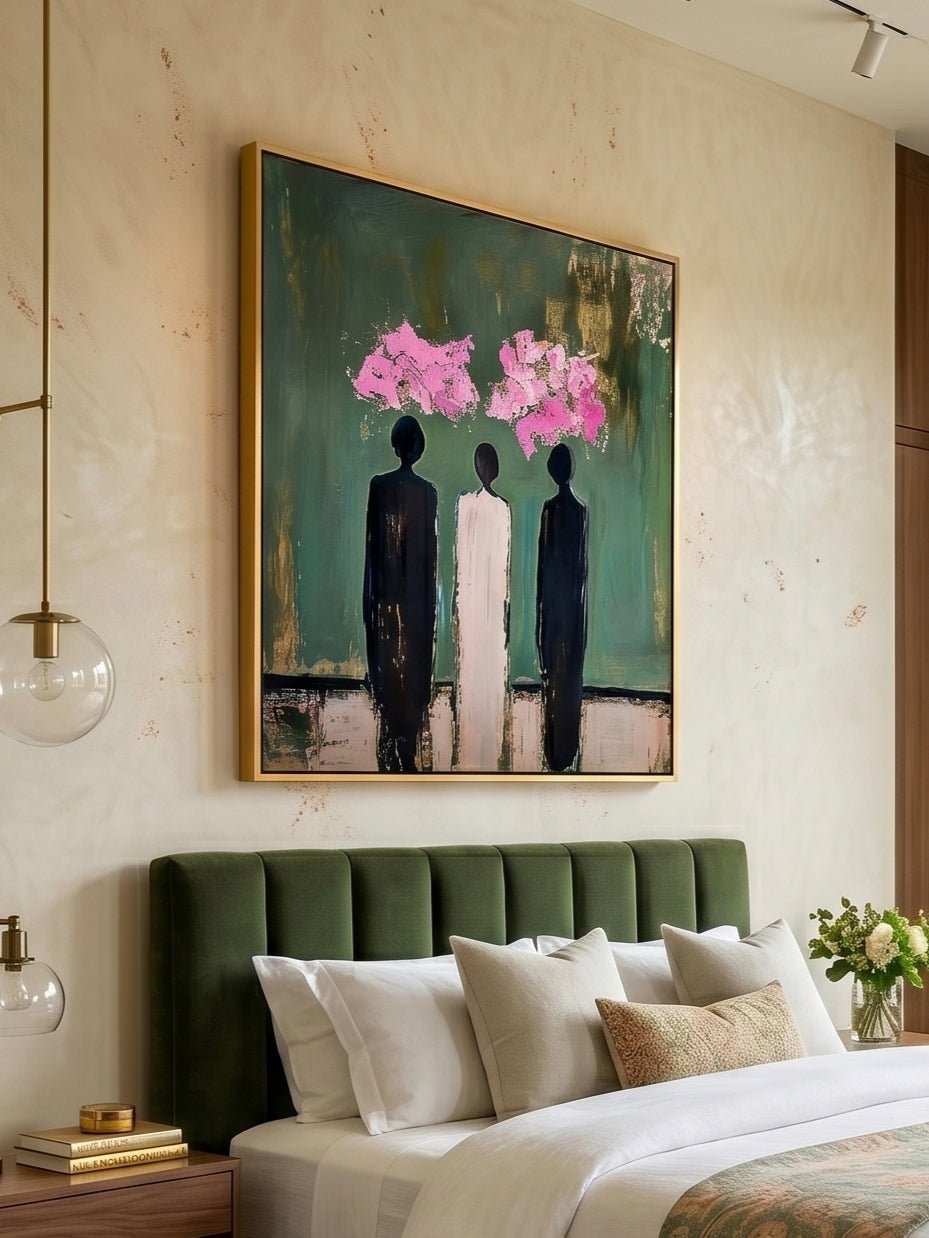 Hand-painted modern abstract figures on emerald green canvas with gold foil and pink impasto blossoms by Eleanor Hayes. Heavy texture 3D wall art for luxury office decor.
