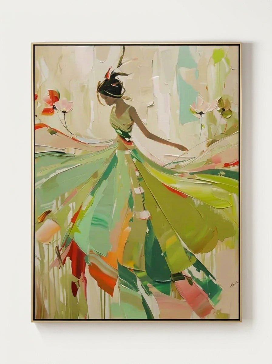 Hand-painted abstract impressionist oil painting of a dancing woman in a green leaf-like dress, heavy palette knife texture, sage green and orange wall art by Eleanor Hayes.