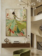 Hand-painted abstract impressionist oil painting of a dancing woman in a green leaf-like dress, heavy palette knife texture, sage green and orange wall art by Eleanor Hayes.