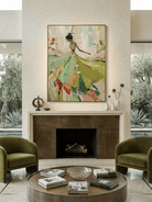 Hand-painted abstract impressionist oil painting of a dancing woman in a green leaf-like dress, heavy palette knife texture, sage green and orange wall art by Eleanor Hayes.