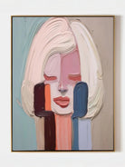 Hand-painted abstract portrait oil painting with thick impasto texture in pink, blue, and orange. Modern wall art for living room decor.