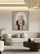 Hand-painted abstract portrait oil painting with thick impasto texture in pink, blue, and orange. Modern wall art for living room decor.