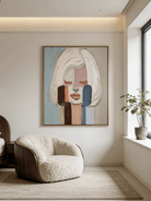 Hand-painted abstract portrait oil painting with thick impasto texture in pink, blue, and orange. Modern wall art for living room decor.