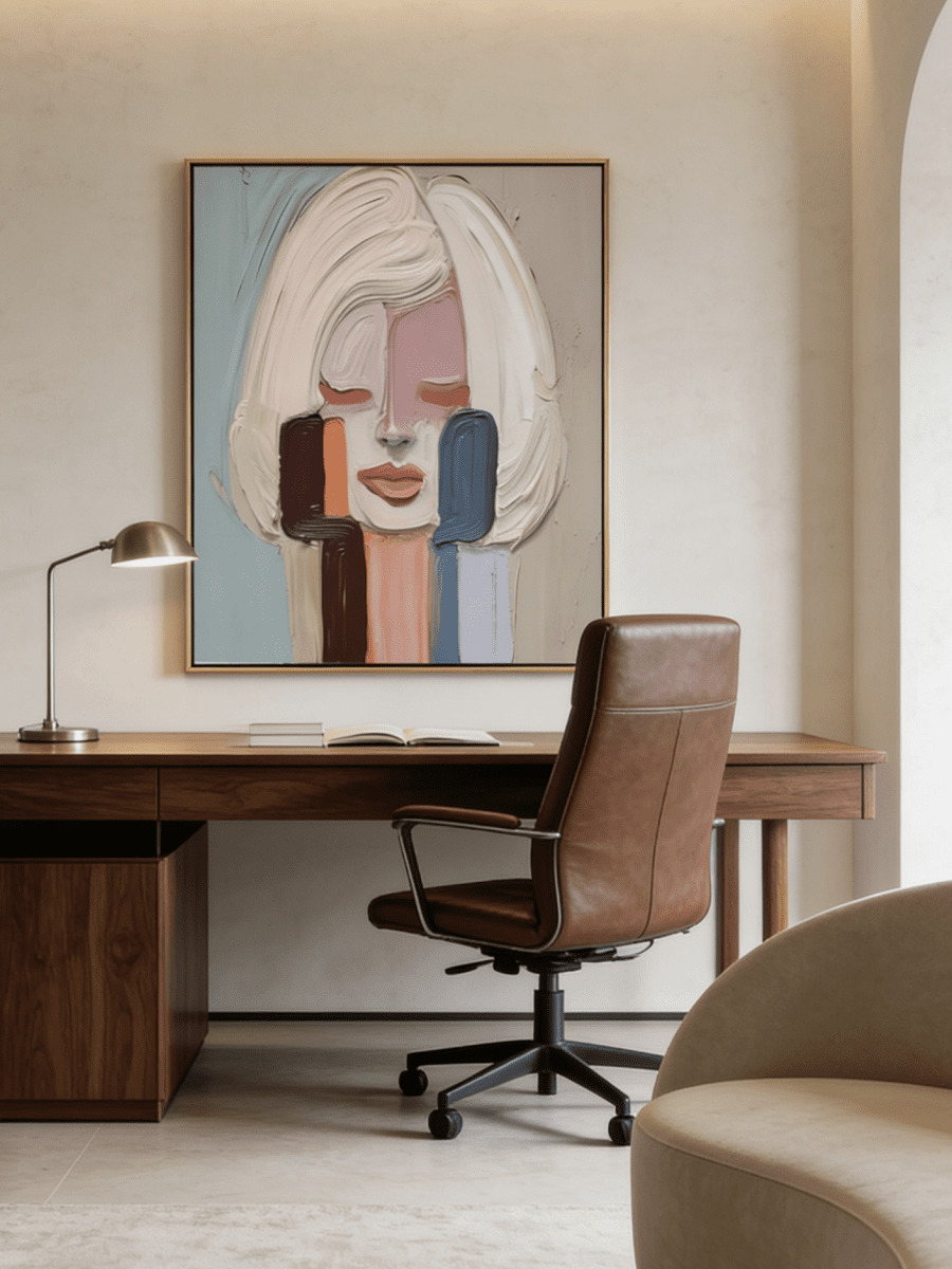 Hand-painted abstract portrait oil painting with thick impasto texture in pink, blue, and orange. Modern wall art for living room decor.