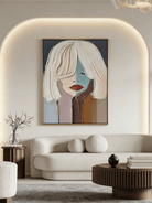 Hand-painted modern abstract portrait featuring thick impasto texture, half-teal half-pink face, and bold red lips on canvas.