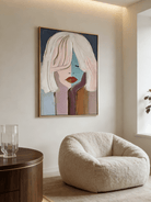Hand-painted modern abstract portrait featuring thick impasto texture, half-teal half-pink face, and bold red lips on canvas.