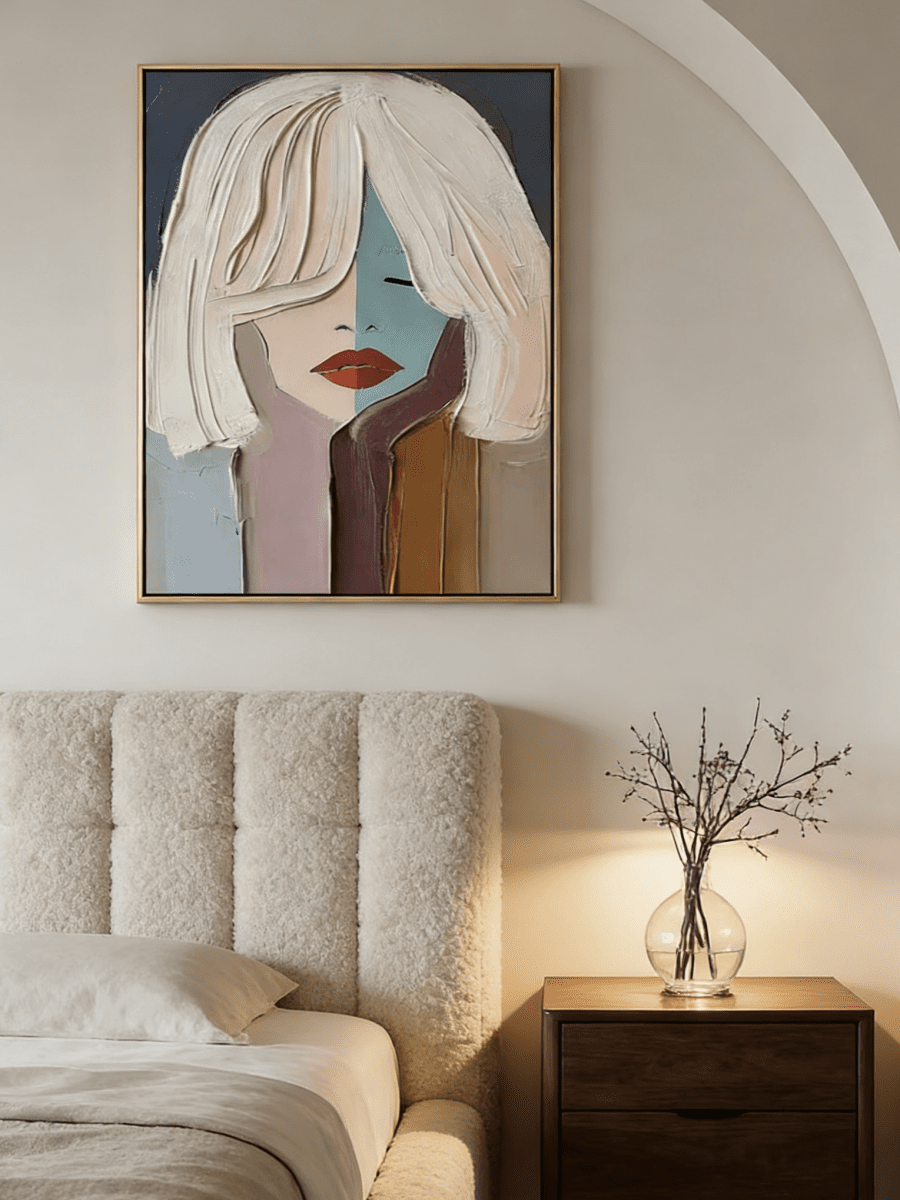 Hand-painted modern abstract portrait featuring thick impasto texture, half-teal half-pink face, and bold red lips on canvas.