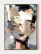 A high-definition close-up of a hand-painted abstract portrait , showing extremely thick impasto paint texture in grey, cream, and orange.