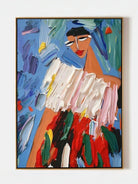 Hand-painted abstract fashion portrait, featuring thick white impasto top and vibrant multi-colored skirt on a bright blue background.