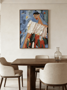 Hand-painted abstract fashion portrait, featuring thick white impasto top and vibrant multi-colored skirt on a bright blue background.