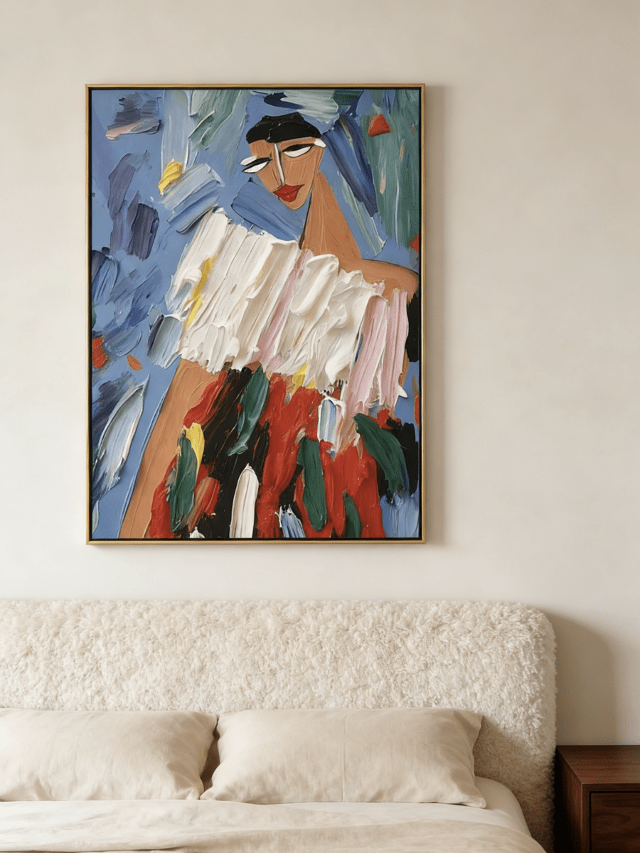 Hand-painted abstract fashion portrait, featuring thick white impasto top and vibrant multi-colored skirt on a bright blue background.