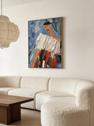 Hand-painted abstract fashion portrait, featuring thick white impasto top and vibrant multi-colored skirt on a bright blue background.