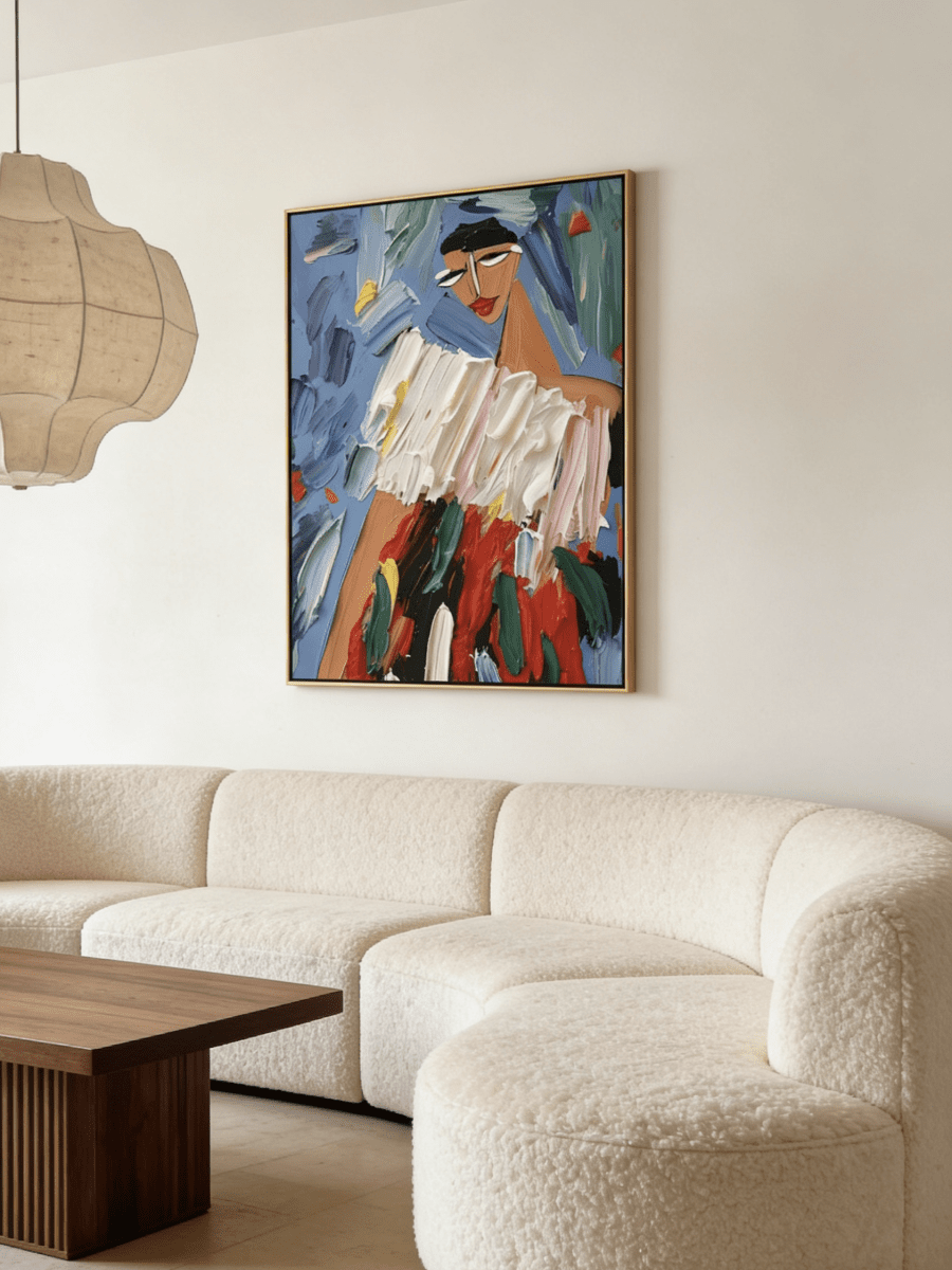 Hand-painted abstract fashion portrait, featuring thick white impasto top and vibrant multi-colored skirt on a bright blue background.