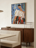 Hand-painted abstract fashion portrait, featuring thick white impasto top and vibrant multi-colored skirt on a bright blue background.