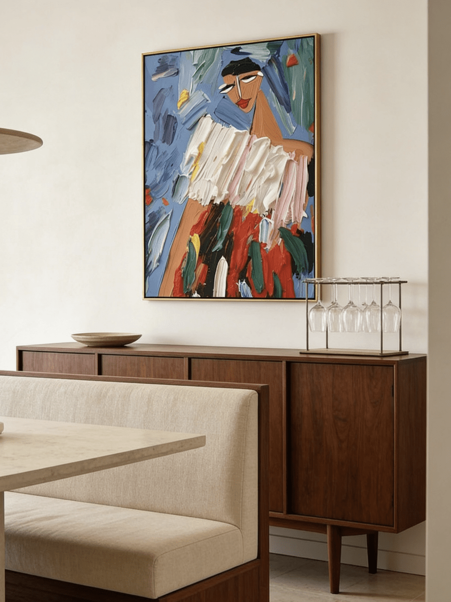 Hand-painted abstract fashion portrait, featuring thick white impasto top and vibrant multi-colored skirt on a bright blue background.