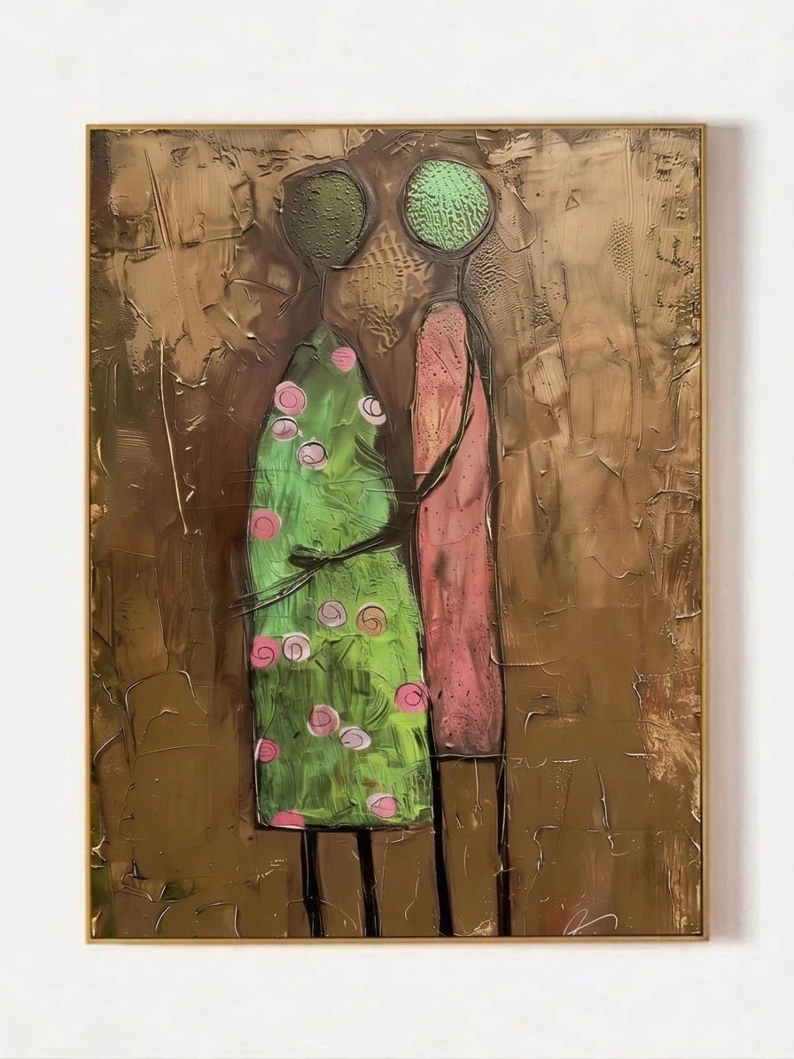 A vertical hand-painted oil painting of two women with 3D pink textured floral headpieces by Eleanor Hayes, featuring emerald and black dresses on a textured background.