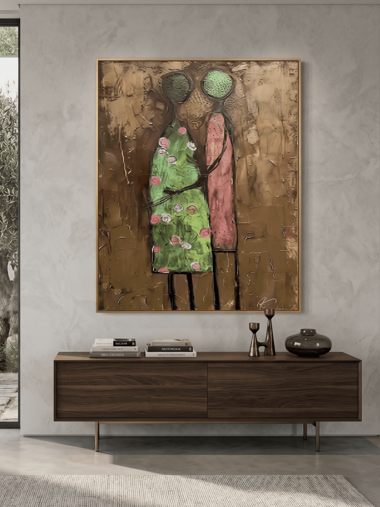 A vertical hand-painted oil painting of two women with 3D pink textured floral headpieces by Eleanor Hayes, featuring emerald and black dresses on a textured background.
