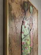 A vertical hand-painted oil painting of two women with 3D pink textured floral headpieces by Eleanor Hayes, featuring emerald and black dresses on a textured background.