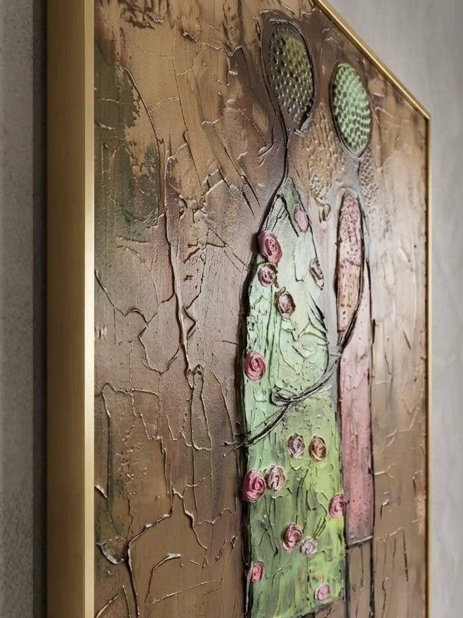 A vertical hand-painted oil painting of two women with 3D pink textured floral headpieces by Eleanor Hayes, featuring emerald and black dresses on a textured background.