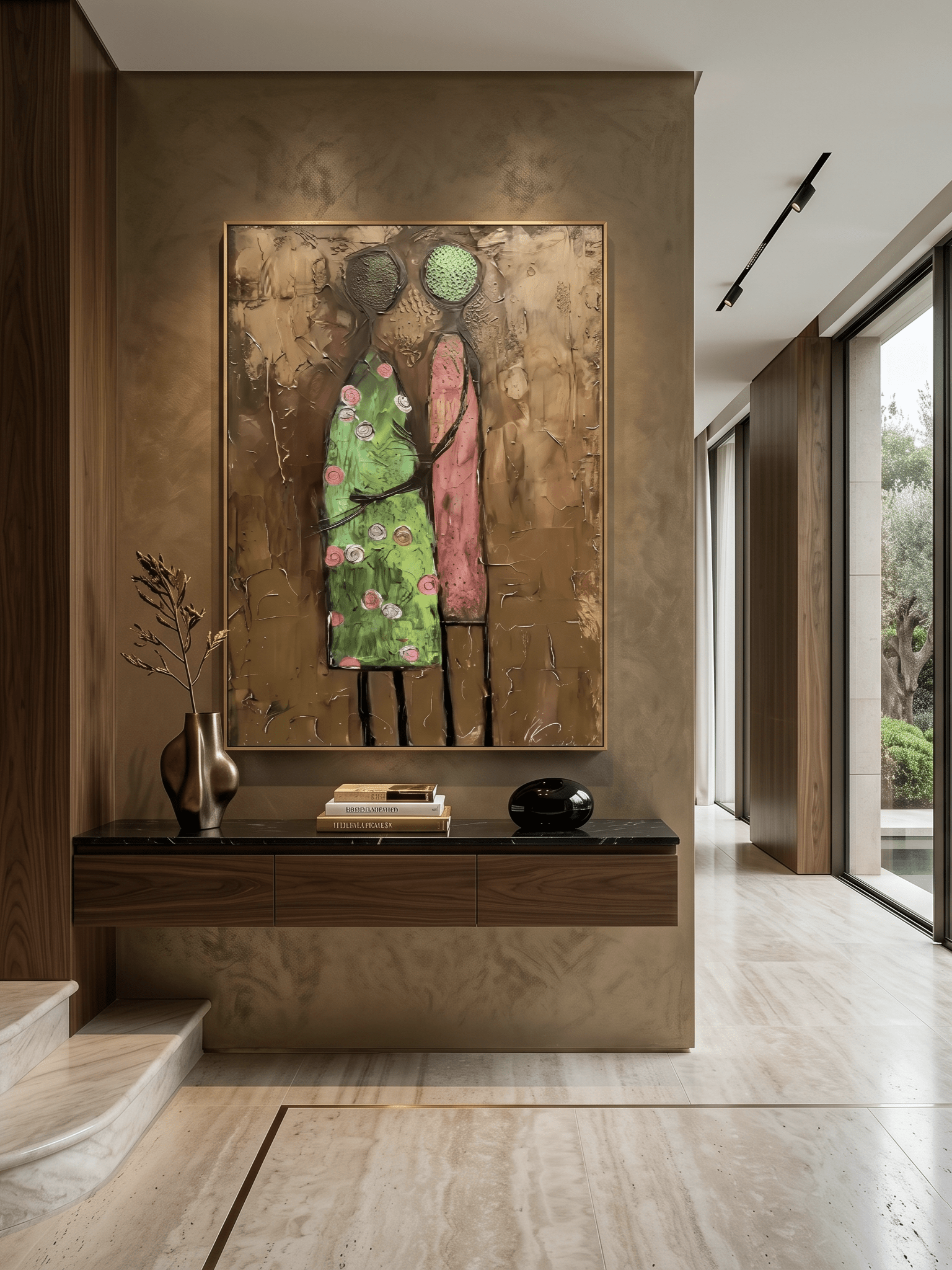 A vertical hand-painted oil painting of two women with 3D pink textured floral headpieces by Eleanor Hayes, featuring emerald and black dresses on a textured background.