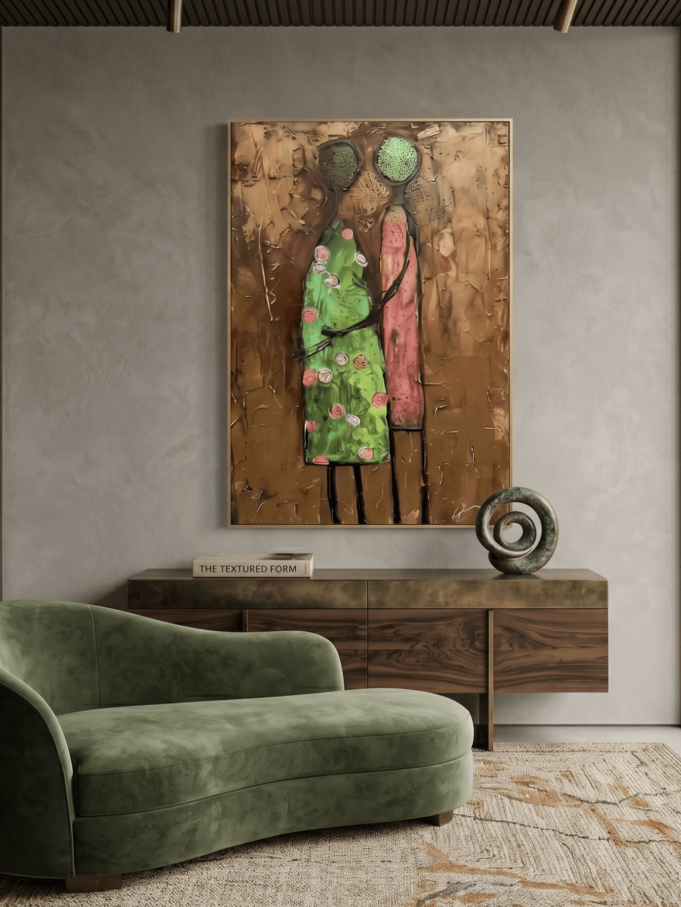 A vertical hand-painted oil painting of two women with 3D pink textured floral headpieces by Eleanor Hayes, featuring emerald and black dresses on a textured background.