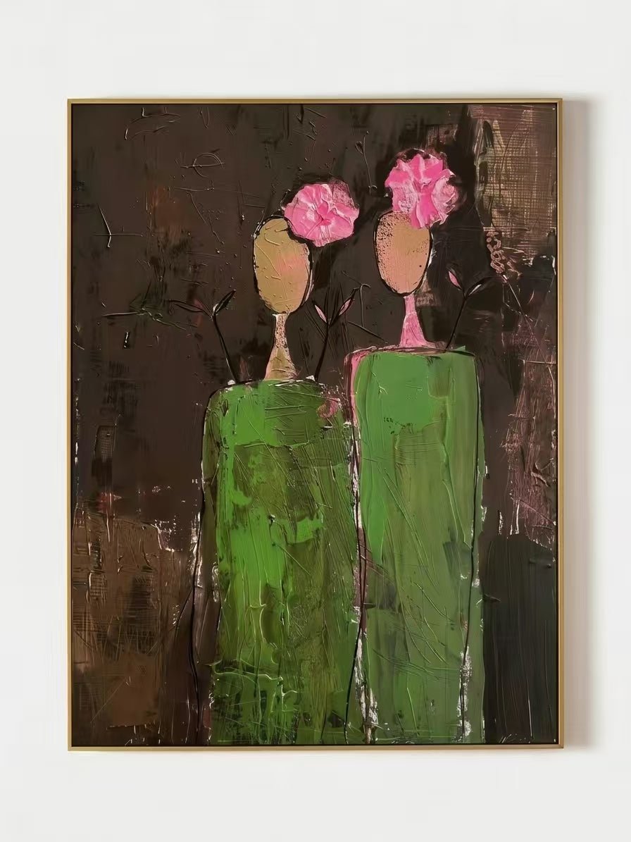 A vertical hand-painted 3D textured art of two women in green dresses with pink impasto flowers on their heads by Eleanor Hayes.
