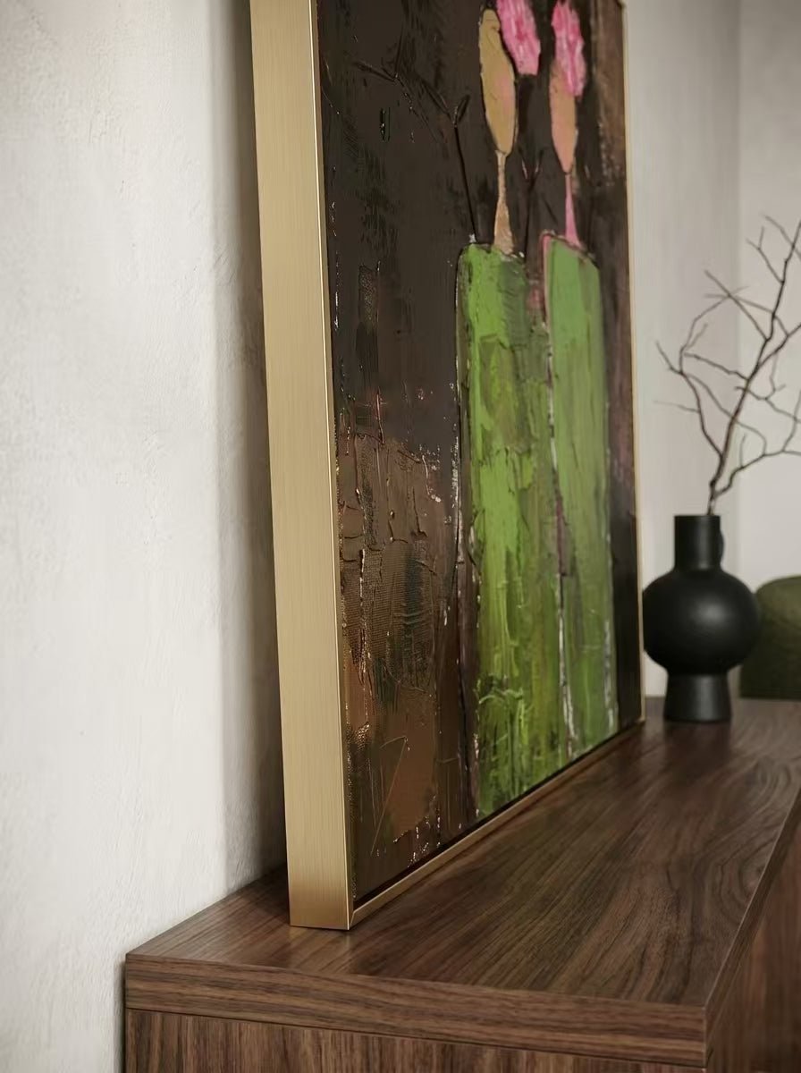 A vertical hand-painted 3D textured art of two women in green dresses with pink impasto flowers on their heads by Eleanor Hayes.