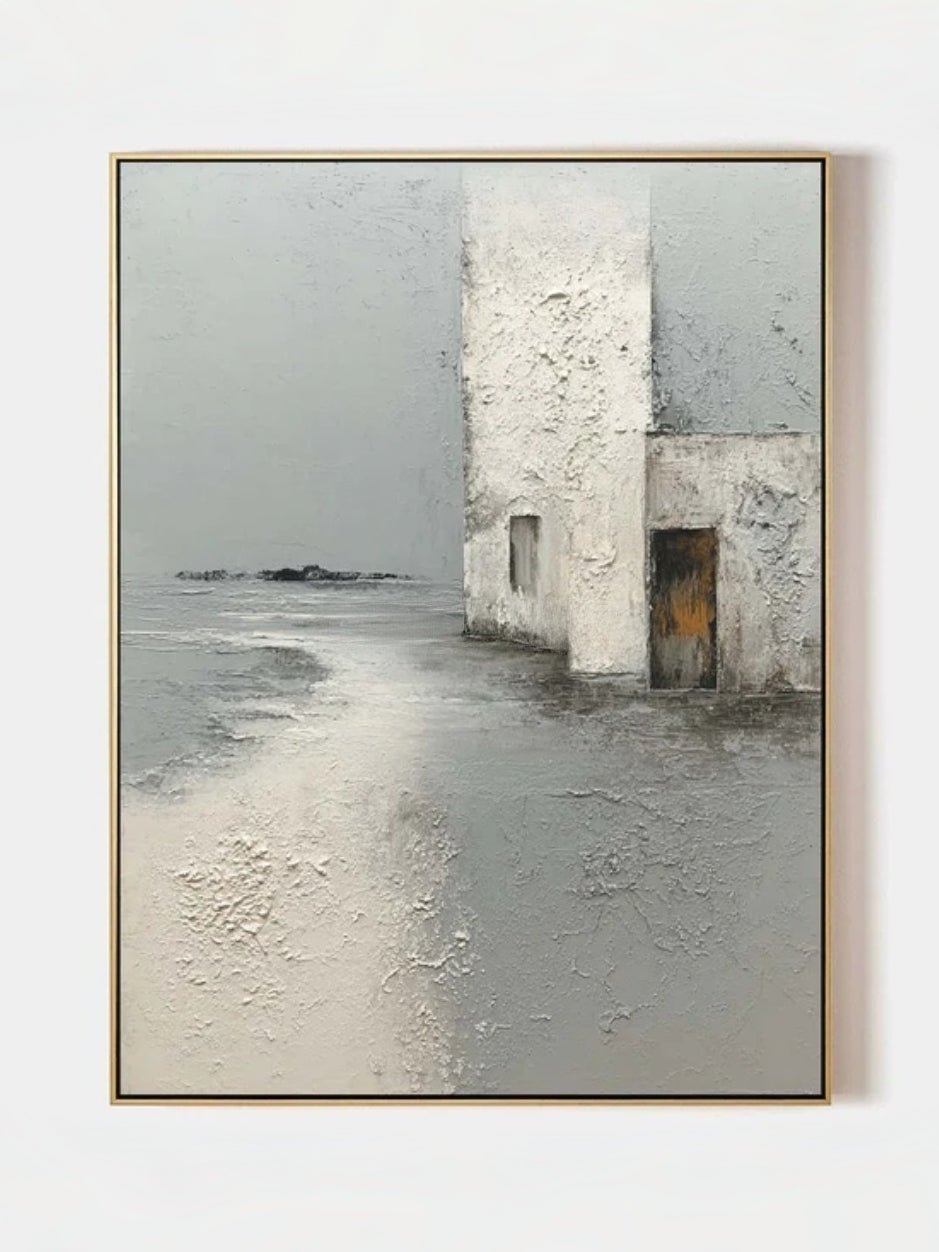 Hand-painted 3D heavy textured abstract architecture painting in grey and white with rust orange accents by Evelyn Li, wabi-sabi wall art for modern living room.