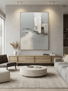 Hand-painted 3D heavy textured abstract architecture painting in grey and white with rust orange accents by Evelyn Li, wabi-sabi wall art for modern living room.