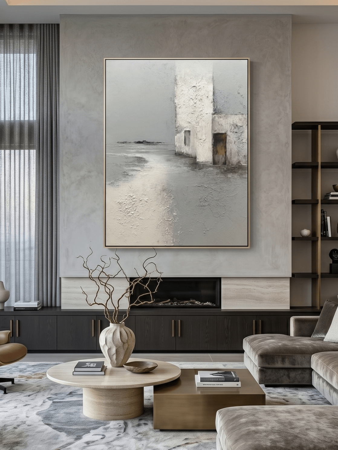 Hand-painted 3D heavy textured abstract architecture painting in grey and white with rust orange accents by Evelyn Li, wabi-sabi wall art for modern living room.