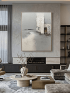 Hand-painted 3D heavy textured abstract architecture painting in grey and white with rust orange accents by Evelyn Li, wabi-sabi wall art for modern living room.