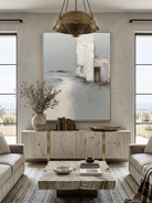 Hand-painted 3D heavy textured abstract architecture painting in grey and white with rust orange accents by Evelyn Li, wabi-sabi wall art for modern living room.