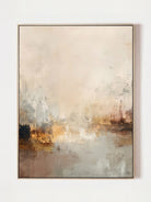 Hand-painted minimalist abstract landscape painting in warm earth tones like beige and brown by Evelyn Li, vertical 3D textured wall art for living room, organic modern decor.